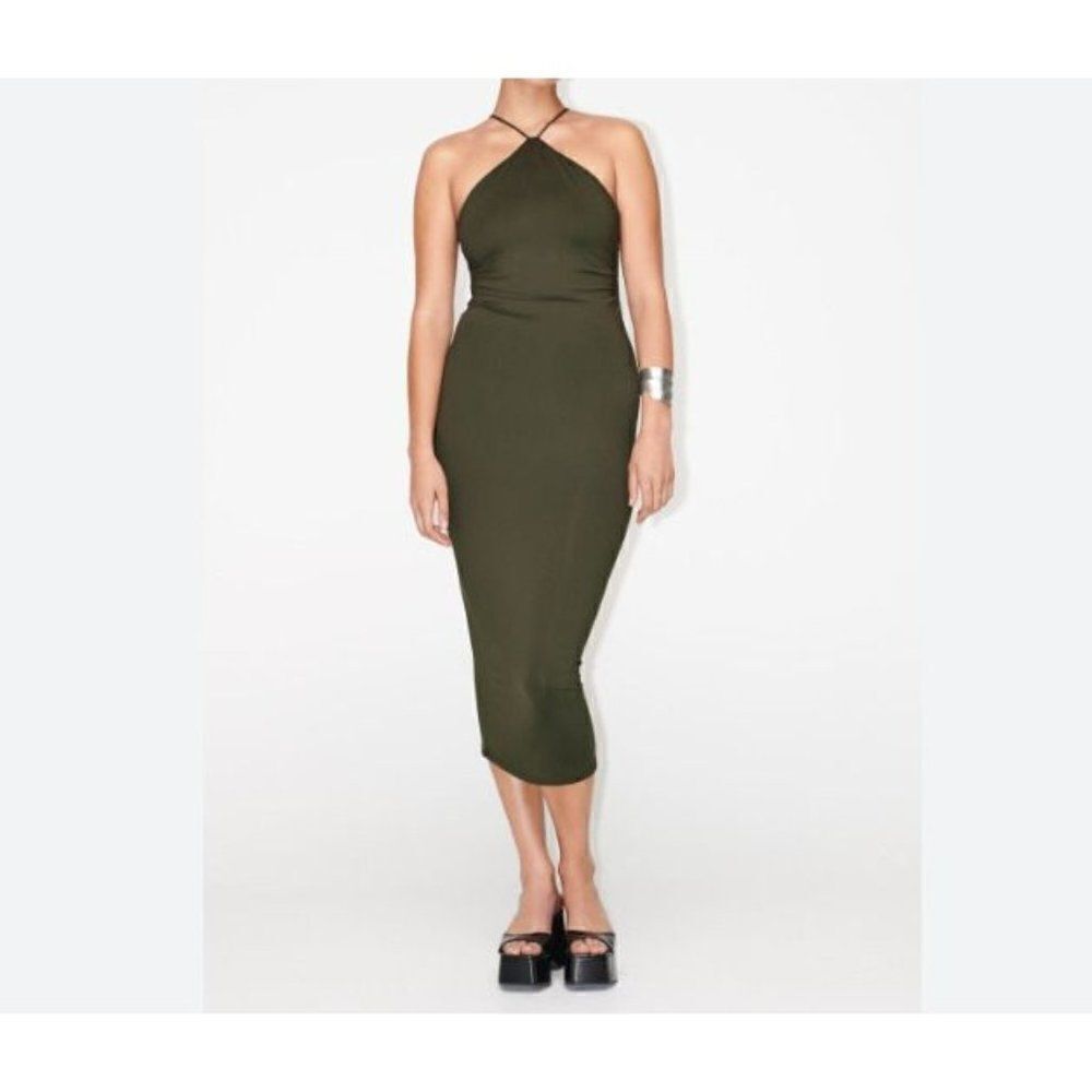 Zara Womens Midi Dress Green L Sleeveless Halter Neck Backless 3905/626 NWT